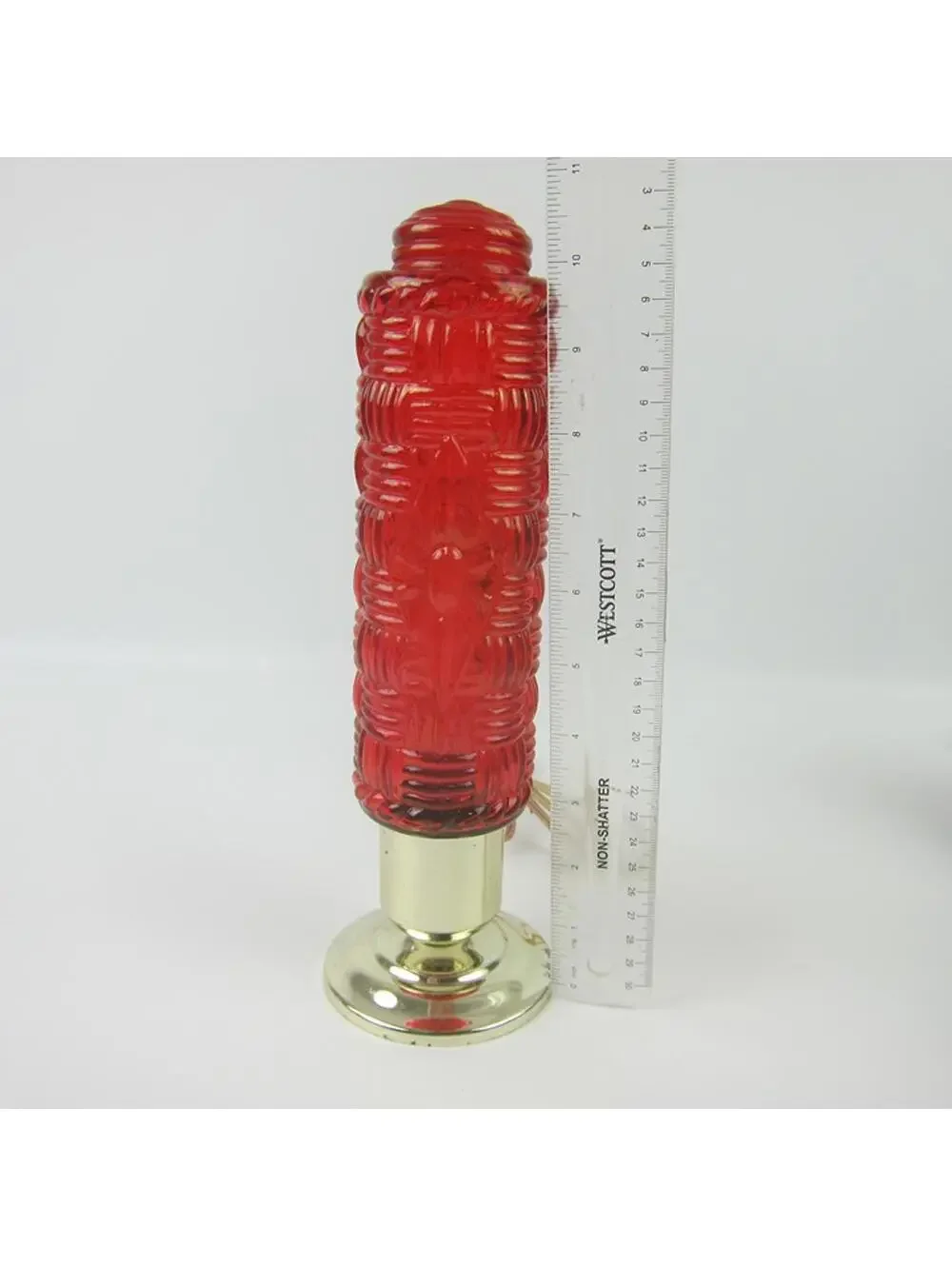 Vintage Torpedo Lamp Red Glass Basket Weave & Diamond Gold Base Art Deco WORKING